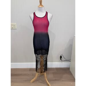 CHIO Italy Swim Cover Up Dress Crochet Fringe Bottom Black/Pink size Small